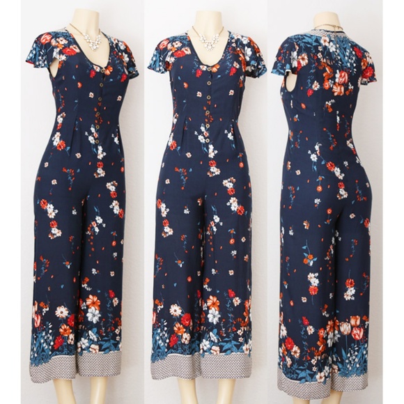 Love Riche Dresses & Skirts - Navy Floral Button Front Culotte Crop Jumpsuit